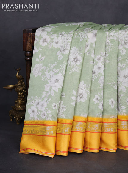 Maheshwari silk cotton saree pista green and yellow with allover floral digital prints and rettapet thread woven border