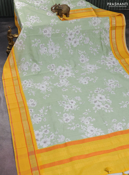 Maheshwari silk cotton saree pista green and yellow with allover floral digital prints and rettapet thread woven border