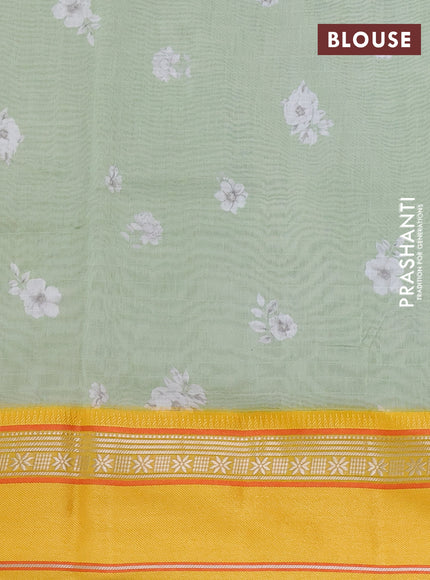 Maheshwari silk cotton saree pista green and yellow with allover floral digital prints and rettapet thread woven border
