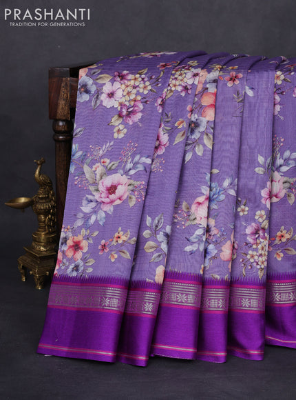 Maheshwari silk cotton saree lavender and purple with allover floral digital prints and rettapet thread woven border