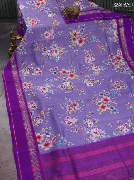 Maheshwari silk cotton saree lavender and purple with allover floral digital prints and rettapet thread woven border