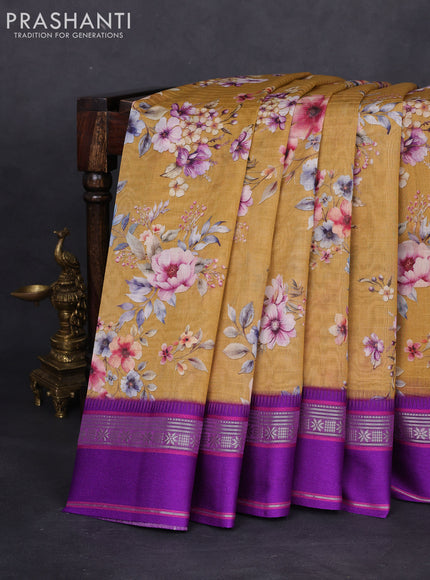 Maheshwari silk cotton saree mustard yellow and purple with allover floral digital prints and rettapet thread woven border