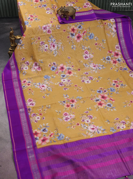 Maheshwari silk cotton saree mustard yellow and purple with allover floral digital prints and rettapet thread woven border