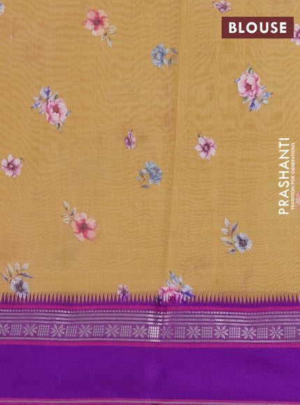 Maheshwari silk cotton saree mustard yellow and purple with allover floral digital prints and rettapet thread woven border
