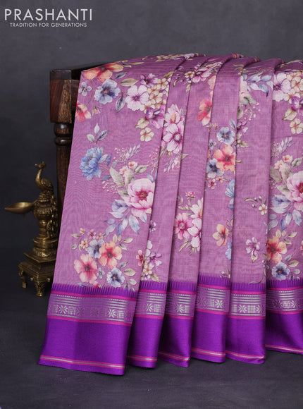 Maheshwari silk cotton saree mild purple and purple with allover floral digital prints and rettapet thread woven border