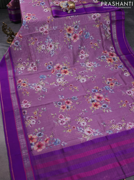 Maheshwari silk cotton saree mild purple and purple with allover floral digital prints and rettapet thread woven border