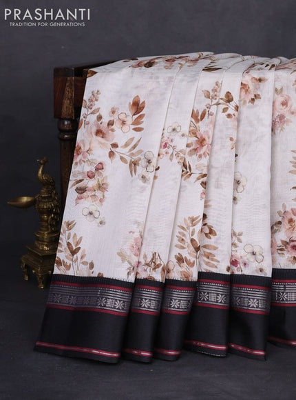 Maheshwari silk cotton saree off white and black with allover floral digital prints and rettapet thread woven border