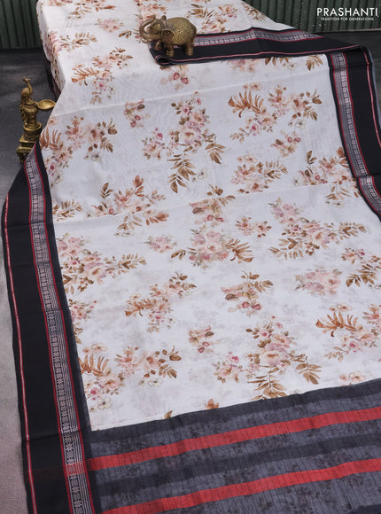 Maheshwari silk cotton saree off white and black with allover floral digital prints and rettapet thread woven border