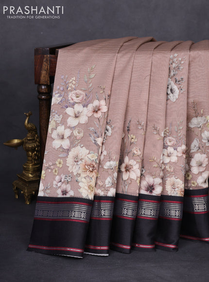 Maheshwari silk cotton saree pastel brown and black with allover floral digital prints and rettapet thread woven border