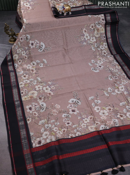 Maheshwari silk cotton saree pastel brown and black with allover floral digital prints and rettapet thread woven border