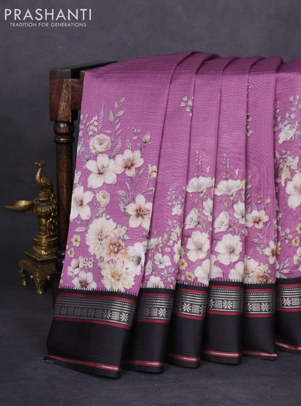 Maheshwari silk cotton saree mild purple and black with allover floral digital prints and rettapet thread woven border