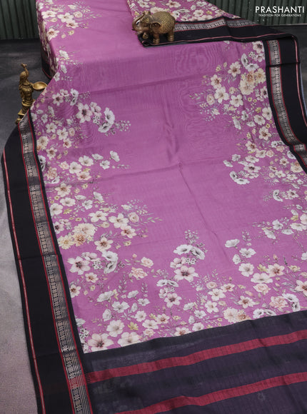 Maheshwari silk cotton saree mild purple and black with allover floral digital prints and rettapet thread woven border