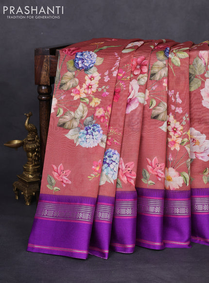 Maheshwari silk cotton saree rust shade and purple with allover floral digital prints and rettapet thread woven border