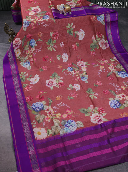 Maheshwari silk cotton saree rust shade and purple with allover floral digital prints and rettapet thread woven border