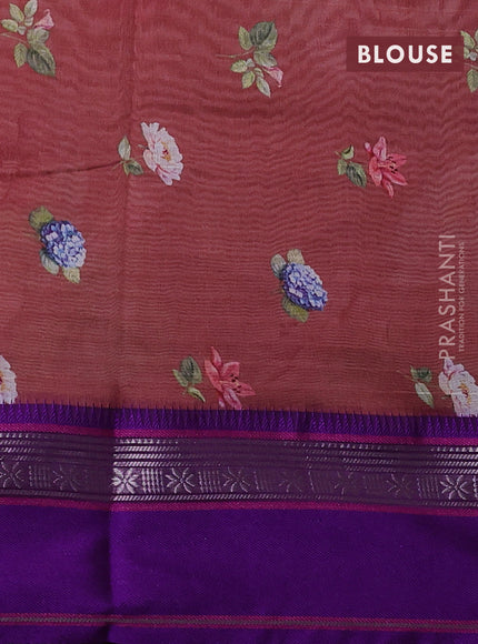 Maheshwari silk cotton saree rust shade and purple with allover floral digital prints and rettapet thread woven border