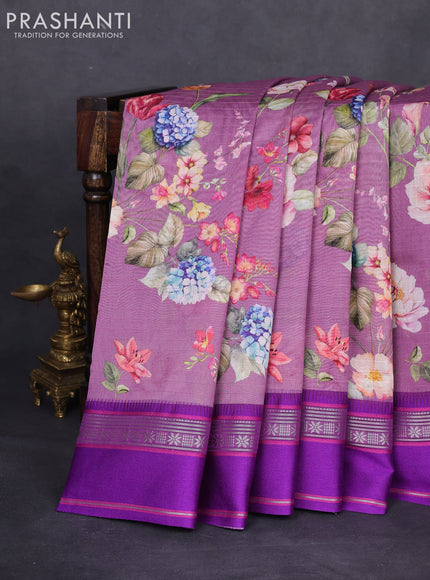 Maheshwari silk cotton saree pastel purple and purple with allover floral digital prints and rettapet thread woven border