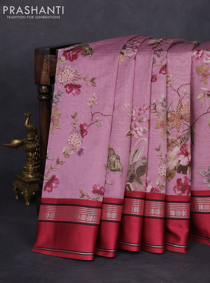 Maheshwari silk cotton saree pastel pink and maroon with allover floral digital prints and rettapet thread woven border