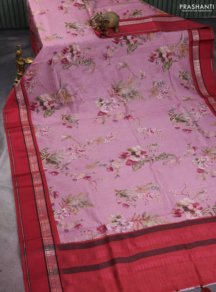 Maheshwari silk cotton saree pastel pink and maroon with allover floral digital prints and rettapet thread woven border