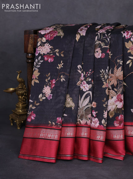 Maheshwari silk cotton saree black and maroon with allover floral digital prints and rettapet thread woven border