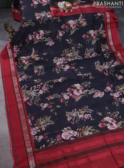 Maheshwari silk cotton saree black and maroon with allover floral digital prints and rettapet thread woven border