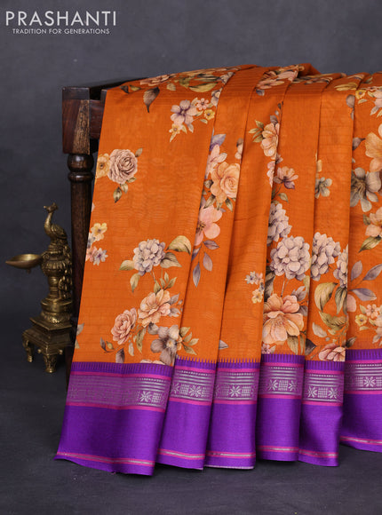 Maheshwari silk cotton saree dark mustard and purple with allover floral digital prints and rettapet thread woven border