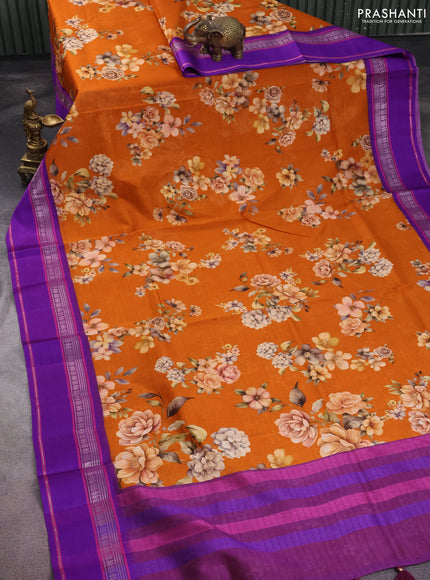 Maheshwari silk cotton saree dark mustard and purple with allover floral digital prints and rettapet thread woven border