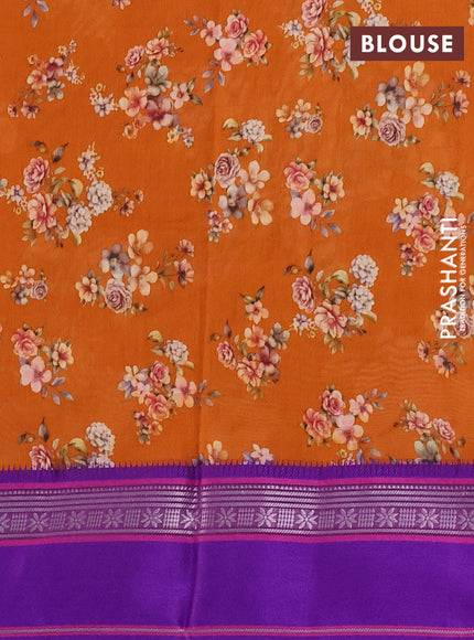 Maheshwari silk cotton saree dark mustard and purple with allover floral digital prints and rettapet thread woven border