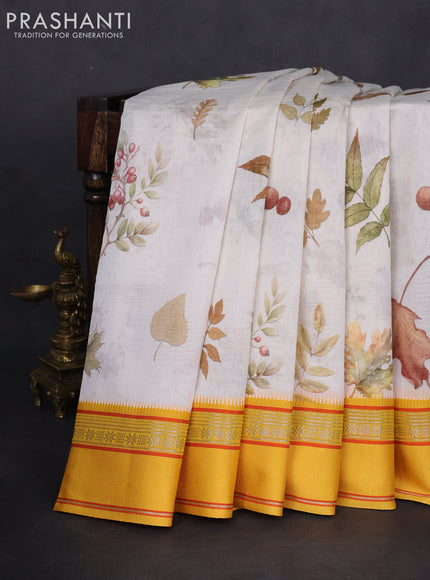 Maheshwari silk cotton saree cream and yellow with allover leaf digital prints and rettapet thread woven border