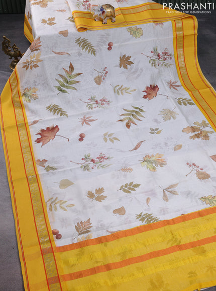 Maheshwari silk cotton saree cream and yellow with allover leaf digital prints and rettapet thread woven border