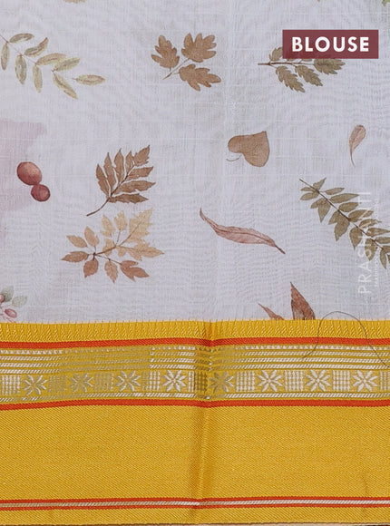 Maheshwari silk cotton saree cream and yellow with allover leaf digital prints and rettapet thread woven border