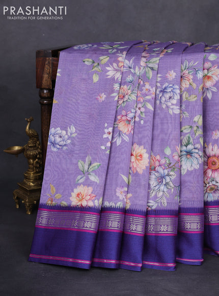 Maheshwari silk cotton saree lavender and purple with allover floral digital prints and rettapet thread woven border