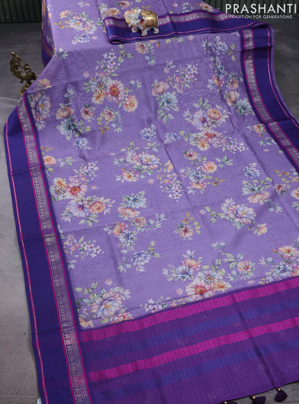 Maheshwari silk cotton saree lavender and purple with allover floral digital prints and rettapet thread woven border