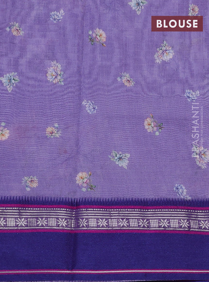 Maheshwari silk cotton saree lavender and purple with allover floral digital prints and rettapet thread woven border
