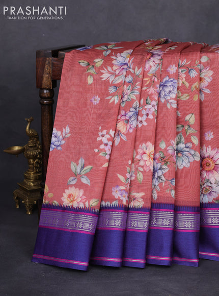 Maheshwari silk cotton saree pastel maroon and purple with allover floral digital prints and rettapet thread woven border