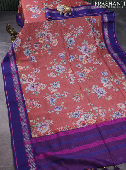 Maheshwari silk cotton saree pastel maroon and purple with allover floral digital prints and rettapet thread woven border
