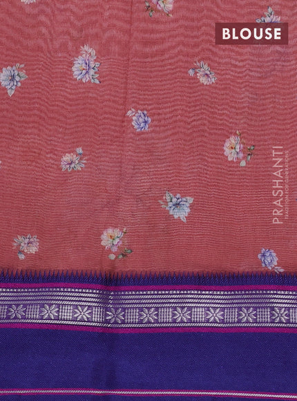 Maheshwari silk cotton saree pastel maroon and purple with allover floral digital prints and rettapet thread woven border