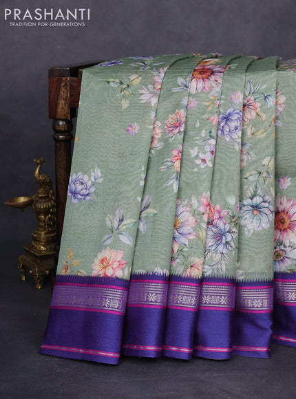 Maheshwari silk cotton saree pastel green shade and purple with allover floral digital prints and rettapet thread woven border
