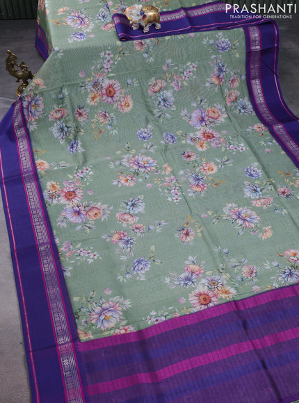 Maheshwari silk cotton saree pastel green shade and purple with allover floral digital prints and rettapet thread woven border