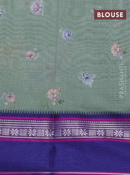 Maheshwari silk cotton saree pastel green shade and purple with allover floral digital prints and rettapet thread woven border