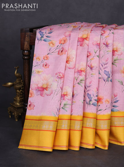 Maheshwari silk cotton saree peach pink and yellow with allover floral digital prints and rettapet thread woven border