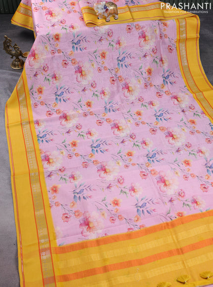 Maheshwari silk cotton saree peach pink and yellow with allover floral digital prints and rettapet thread woven border