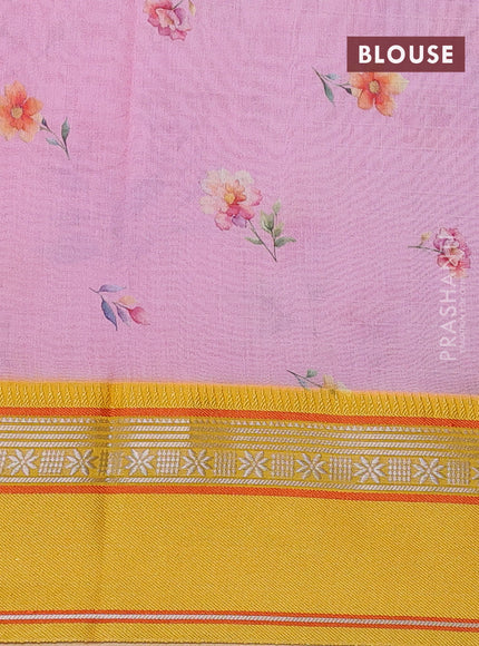 Maheshwari silk cotton saree peach pink and yellow with allover floral digital prints and rettapet thread woven border