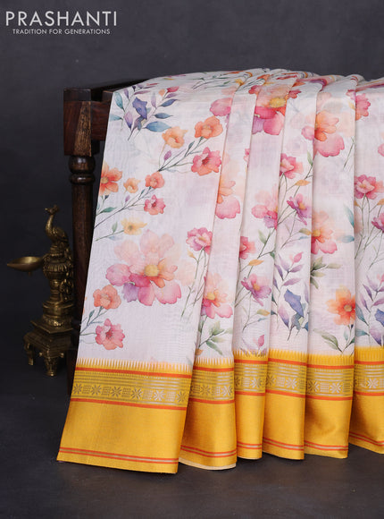 Maheshwari silk cotton saree cream and yellow with allover floral digital prints and rettapet thread woven border