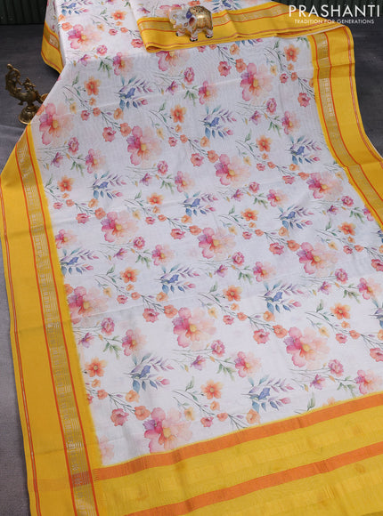 Maheshwari silk cotton saree cream and yellow with allover floral digital prints and rettapet thread woven border