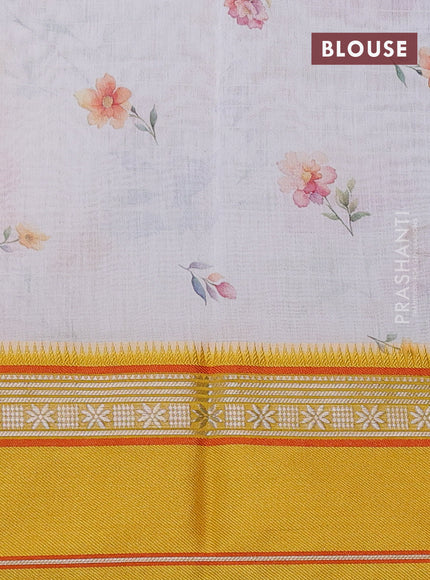 Maheshwari silk cotton saree cream and yellow with allover floral digital prints and rettapet thread woven border