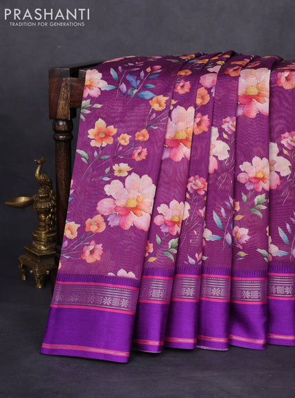 Maheshwari silk cotton saree purple with allover floral digital prints and rettapet thread woven border