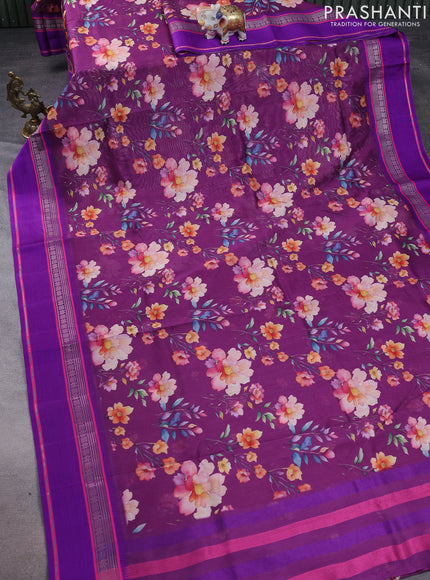 Maheshwari silk cotton saree purple with allover floral digital prints and rettapet thread woven border