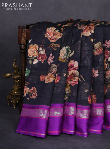 Maheshwari silk cotton saree black and purple with allover floral digital prints and rettapet thread woven border