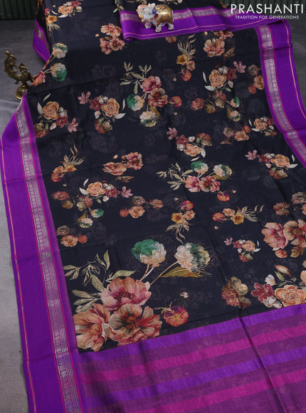 Maheshwari silk cotton saree black and purple with allover floral digital prints and rettapet thread woven border