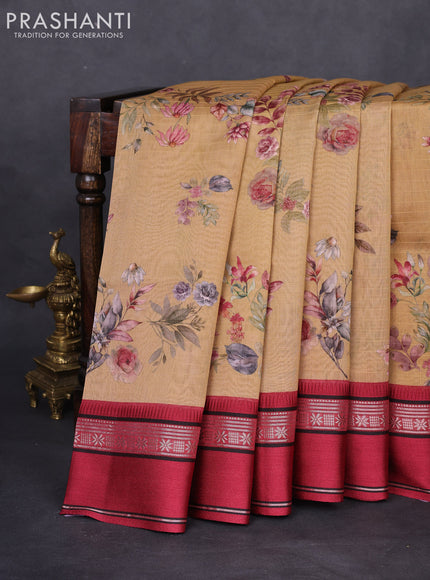 Maheshwari silk cotton saree sandal and maroon with allover floral digital prints and rettapet thread woven border